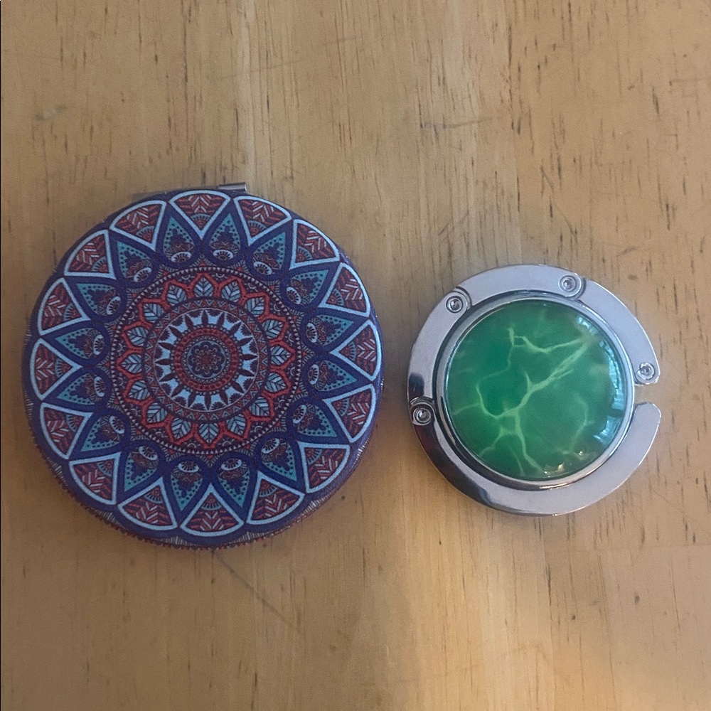 Set of 2 - Purse Hook holder and mandala compact purse mirror double sided NWT